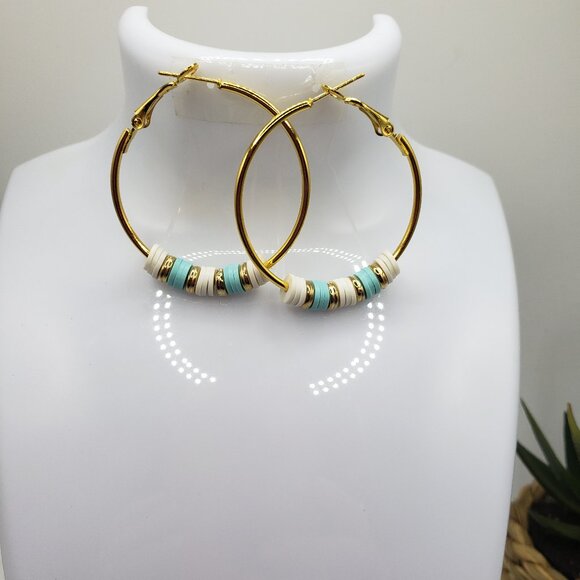 Hand Made Earrings  Gold Hoopes With Beads - Picture 1 of 3